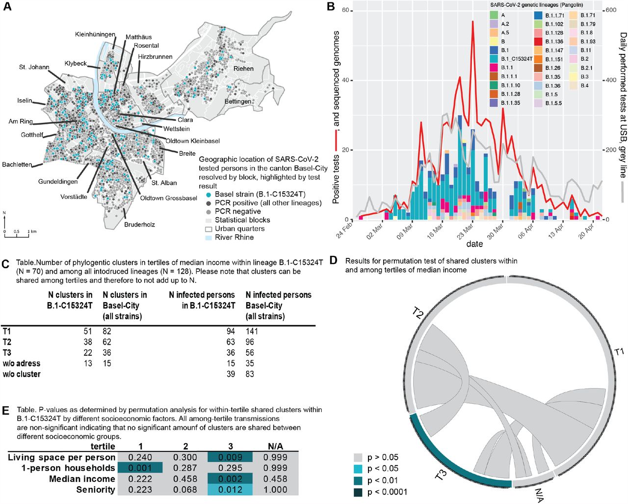 SARS-CoV-2 transmission in and among socioeconomic and demographic groups during the first COVID-19 wave in Basel-City. A) Spatial positive/negative case distribution throughout the city with the most dominant SARS-CoV-2 variant (B.1-C15324T), the focus of this study, highlighted in turquoise. B) Epidemiological curve for Basel-City and distribution of phylogenetic lineages (pangolin nomenclature) from 25th of February to 22nd of April 2020. C) Summary for inferred phylogenetic clusters within (i) all lineages and (ii) the major variant B.1-C15324T in tertiles of median income. High number of infected people within a tertile with a low number of clusters indicates presence of large transmission clusters whereas large number of clusters and low number of people infected within a tertile indicates random infections and cryptic transmission. D) Visualisation of a significance test for transmission within (indicated on circle edges) and among (intra circle connections) tertiles of median income. E) Results of a significance test for transmission between tertiles of different socioeconomic factors. T1: low, T2: intermediate, T3: high, N/A: no available data or censored for privacy reasons.