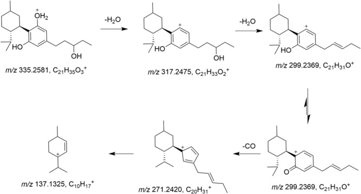 Possible fragmentation pathway of the metabolite M4, an unusual carbenium ion (m/z 271) is seen in the spectrum. The position of the hydroxy group on the pentyl side chain is unknown.