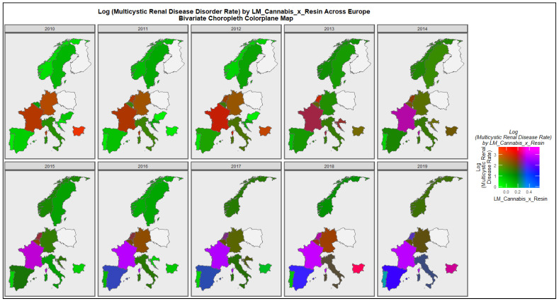 Colorplane bivariate time sequential map-graph of log (multicystic renal disease congenital anomaly rate) by last month cannabis use: cannabis resin THC concentration across surveyed European nations over time.