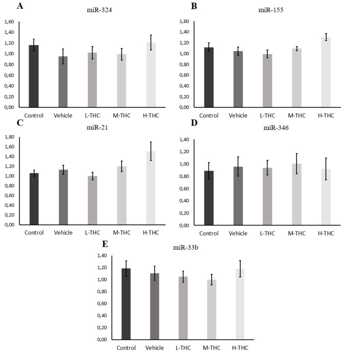 Relative miRNA expression normalized to housekeeping genes miR-93 and miR-132. A) miR-324 (n = 6), B) miR-155 (n = 3), C) miR-21 (n = 6) D) miR-346 (n = 6) and E) miR-33b (n = 7) expression in GCs following 24-hour treatment with low (0.032 µM), mid (0.32 µM), and high (3.2 µM) concentrations of THC. Bars represent ± SEM