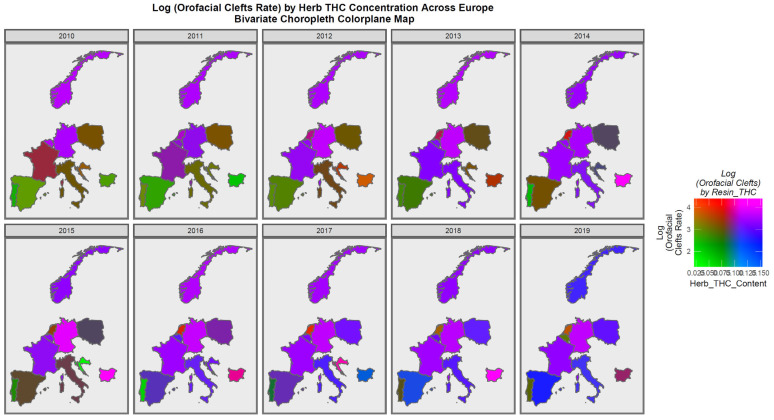 Bivariate Map of Log Orofacial Clefts by Cannabis Herb THC Concentration. Caption: Colorplaner bivariate sequential map-graphs of the log (orofacial congenital anomaly rates) by cannabis herb THC concentrations across the surveyed European nations over time 2010–2019.