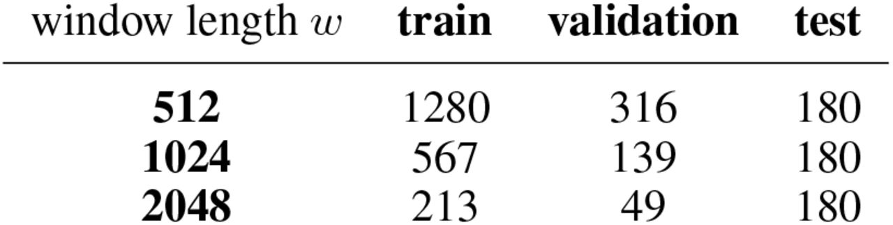 The number of train, validation and test segments extracted from recordings obtained from group 1 with different window length w. Note that we randomly select 30 segments from each recording session for the test set in the six-class classification task such that each class have an equal number of inputs in testing.