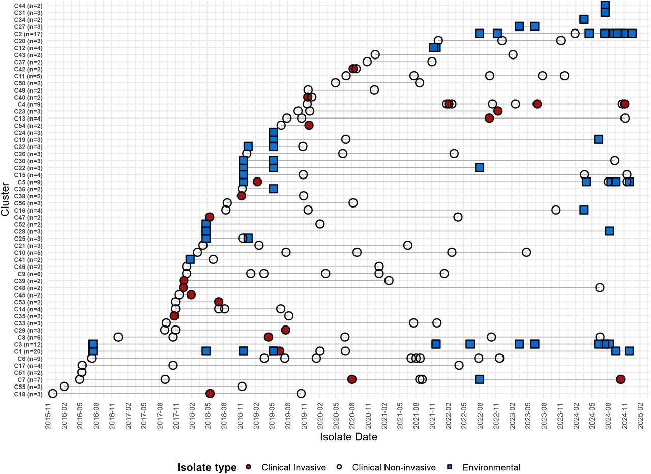 Temporal graph of non-singleton clusters of P. aeruginosa isolates. Horizontal lines represent the period from first to last detection of each VNTR profile. Cluster labels, such as “C1 (n=20)”, show the ranks and isolate numbers.