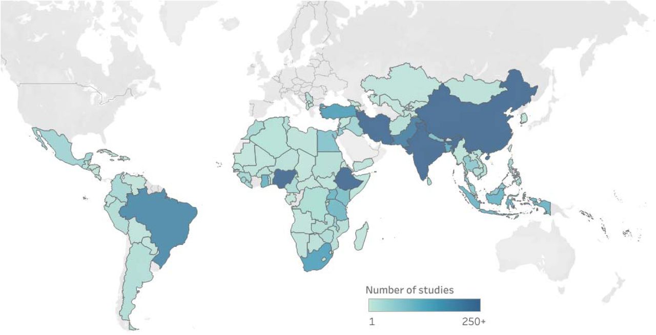 Geographic distribution of 4,381 studies on environmental health services in healthcare facilities across low- and middle-income countries. A darker color indicates a larger number of identified studies.