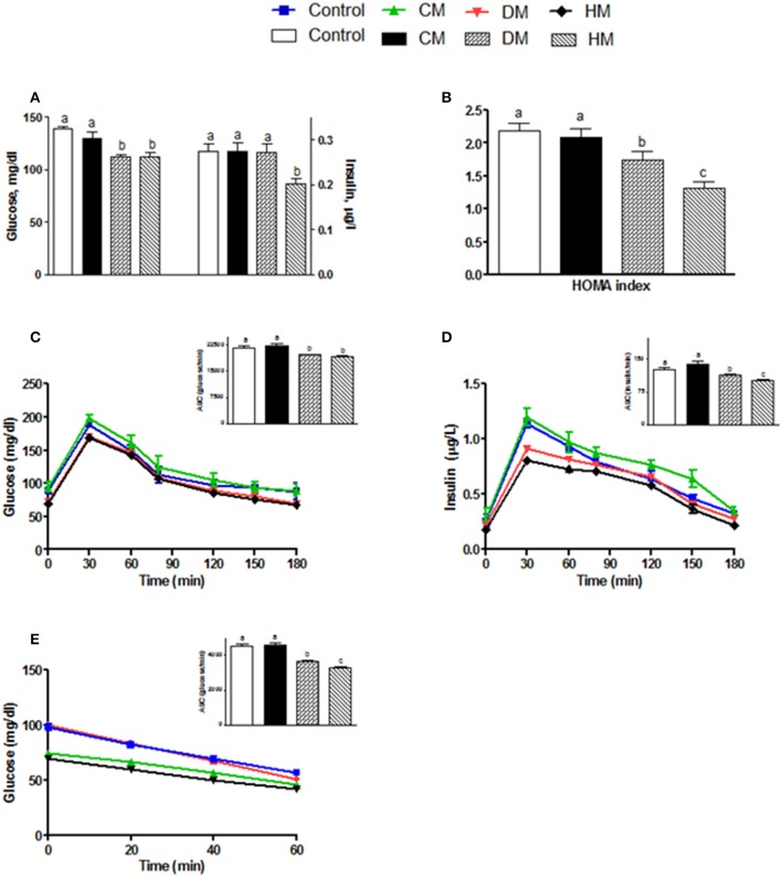 Effects of oral administration of human, donkey and cow milk on glucose homeostasis. The graphs show the plasma levels of glucose and insulin (A), the Homa-index (B), the plasma glucose (C), and insulin (D) concentrations at different time points after glucose load, and insulin tolerance test (E). The histograms in (C–E), represent the area under curve (AUC) related to each condition. Data are presented as means ± SEM from n = 7 animals/group. Labeled means without a common letter differ (P < 0.05).