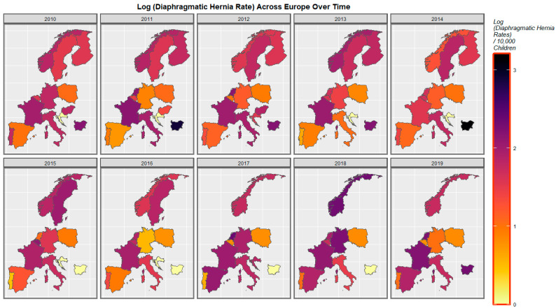 Sequential map-graph of diaphragmatic hernia across selected European nations for each year of 2010–2019.