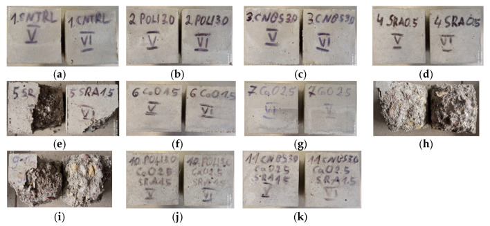 Images of the degradation for concrete specimens after 100 freeze-thaw cycles; (a) CNTRL; (b) POL3.0; (c) CNB3.0; (d) SR0.5; (e) SR1.5; (f) Ca1.5; (g) Ca2.5; (h) Ca1.5SR1.5; (i) Ca2.5SR1.5; (j) POL3.0Ca2.5SR1.5; (k) CNB3.0Ca2.5SR1.5.
