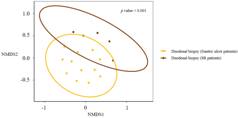 NMDS ordination of beta-diversity analyses at the ASV level between the SR and NSR groups.