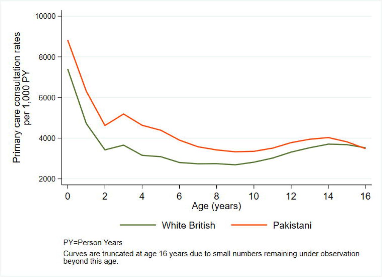 Age-specific primary care consultation rates by ethnicity.
