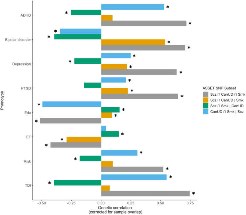 Estimated genetic correlations between SNP subsets from ASSET and other psychiatric disorders (attention deficit hyperactivity disorder (ADHD), bipolar disorder, depression, and post-traumatic stress disorder (PTSD)), educational attainment (Edu), executive function (EF), risk-taking (Risk), and Townsend deprivation index (TDI).Asterisks (*) represent genetic correlations that are statistically significant after Bonferroni correction for 32 tests (p < 0.0016).