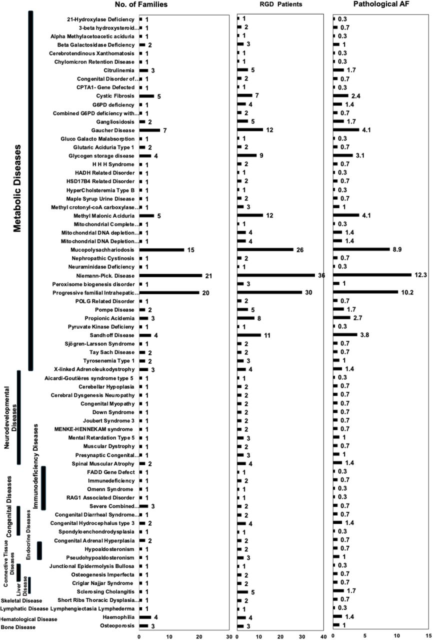 Distribution of RGDs among studied families.Left panel shows the number of families affected by each RGD, highlighting the variable incidence across diseases. Middle panel presents the incidence of RGDs within the cohort, reflecting the overall disease burden in the population. Right panel displays the pathological allele frequency within, indicating compound burden of RGD-causing allele and providing insights into the genetically distribution across diseases.