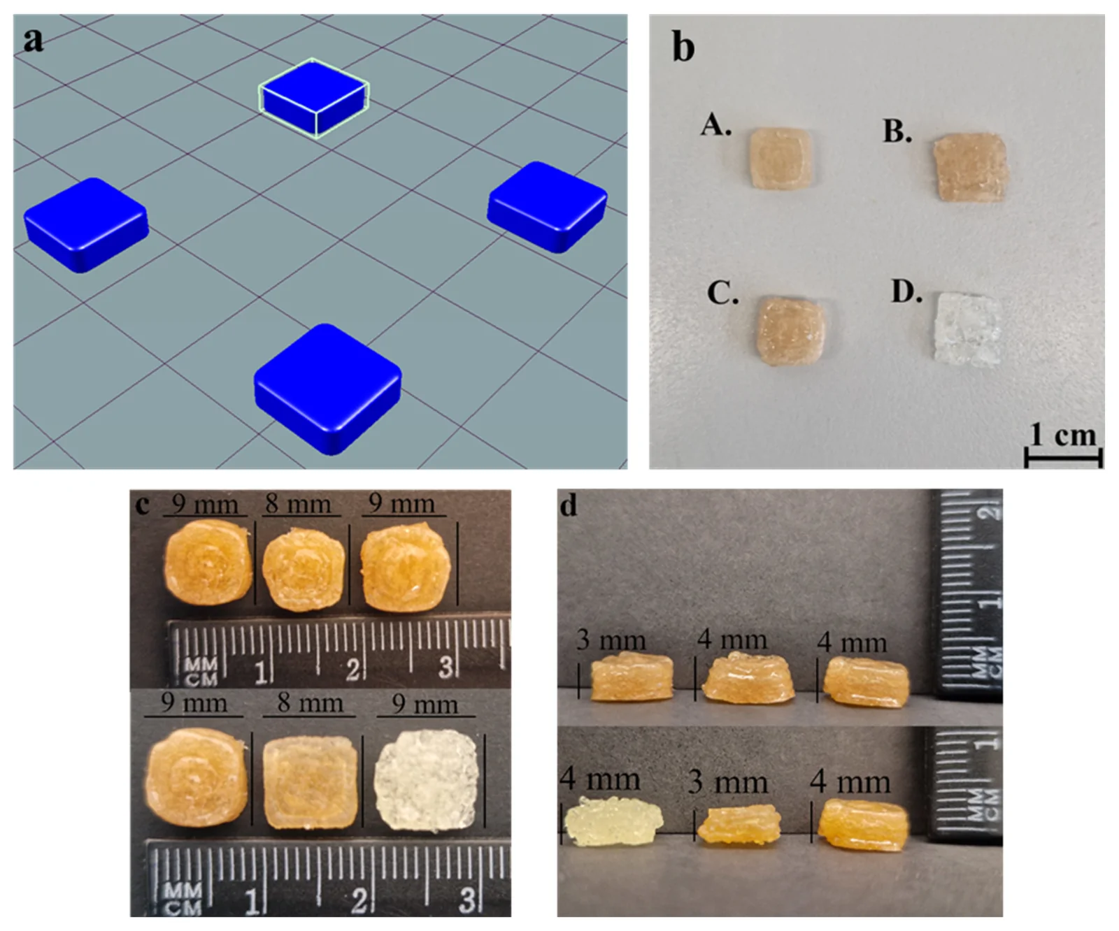 Visual representation of 3D-printed tablets. (a) STL file 3D visual. (b) 3D-printed tablets (printlets) with various polymeric mixtures combinations: A. agar–pectin, B. HPMC–pectin, C. gelatine–pectin and D. HPMC–gelatine. (c) Visual representation of the length and width (x and y dimensions) and their variation across replicates (n = 3). (d) Visual representation of the height (z dimension) and its variation across replicates (n = 3).