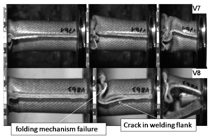 Failure mechanism for V7 and V8 in crash tests series b.