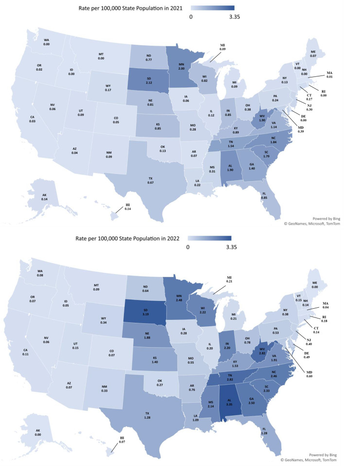 Rates of exposures involving delta-8 THC reported to the national poison data system by state for 2021 and 2022