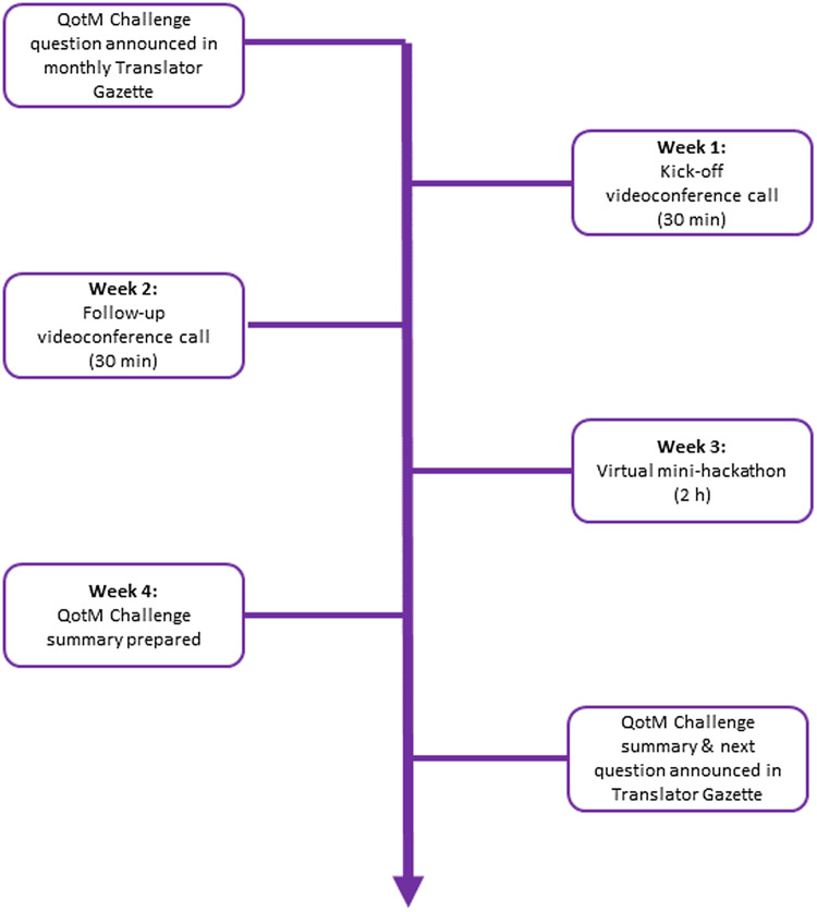 Structure of the question-of-the-month (QotM) challenge series. h = hours; min = minutes.
