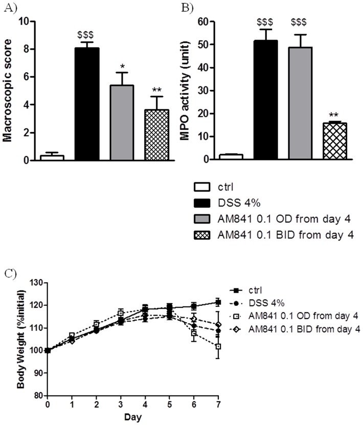 Therapeutic effect of AM841 (0.1 mg/kg, i.p.) injected once or twice daily from day 4 on DSS-induced colitis in mice.Figure shows data for (A) macroscopic score, (B) MPO activity and (C) body weight. $$p<0.01, $$$p<0.001, as compared with control animals. *p<0.05, **p<0.01, as compared with DSS-treated mice. Data represent means ± SEM, n = 6–8.