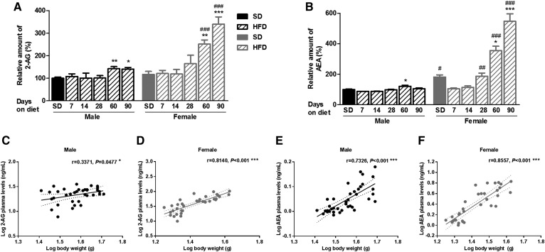 Time profile of plasmatic eCBs levels during the development of DIO and correlation to body weight in male and female mice. A: Relative amount of 2-AG compared with values found in male SD. B: Relative amount of AEA compared with values found in male SD. Plasmatic 2-AG levels positively correlate with body weight at time of euthanization in both male (C) and female (D) mice. Plasmatic AEA levels positively correlate with body weight at time of euthanization in both male (E) and female (F) mice. Statistical significance was determined by ANOVA and Bonferroni posttest, and correlation was determined by Pearson correlation coefficients (xy values = 33–39). Error bars represent SEM (n = 8–10). *P < 0.05; **P < 0.01; ***P < 0.001 versus its corresponding SD; #P < 0.05; ##P < 0.01; ###P < 0.001 versus male mice under the same diet conditions.