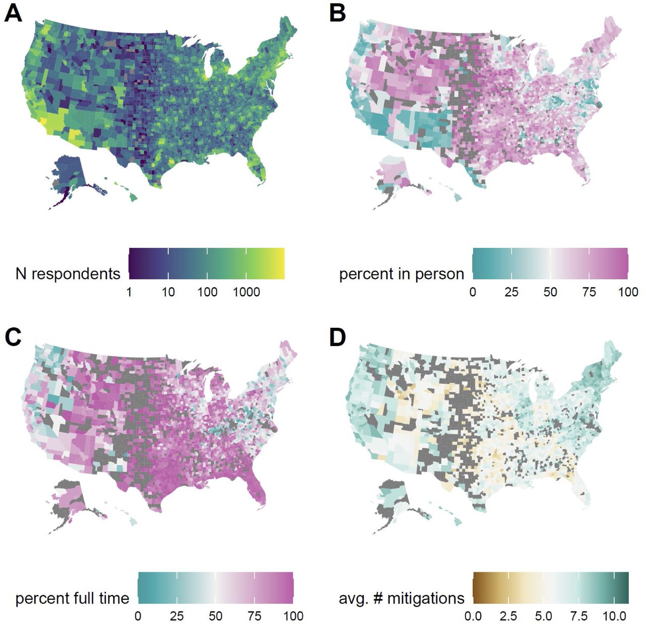 Spatial distribution of survey responses.(A) Number of survey respondents reporting a school age student in the household by county. (B) Percentage of households with school age children reporting any in-person schooling by county, excluding counties with fewer than 10 responses (excluded counties in dark grey). (C) Percentage of households with a child in in-person schooling reporting full-time in-person schooling, excluding counties with fewer than 10 reporting in-person schooling, (D) Average number of school-based mitigation measures reported for children with in-person schooling, excluding counties with fewer than 10 reporting in-person schooling.
