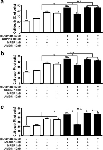 The neuroprotection induced by CDPPB, URB597 and JZL184 can be blocked by both CB1 and mGluR5 antagonists. Graphs show cell death levels of primary cultured corticostriatal neurons that were either untreated (−) or treated (+) with 50 μM glutamate, 1 μM MPEP, 10 nM AM251, 100 nM CDPPB (a), 1 nM URB597 (b) and 10 nM JZL184 (c) for 4 h. Data represent the means ± SEM of four independent experiments. n.s. indicates not significant, * indicates significant difference as compared to glutamate treated neurons (p <0.05) and # indicates significant difference as compared to untreated neurons (p <0.05)