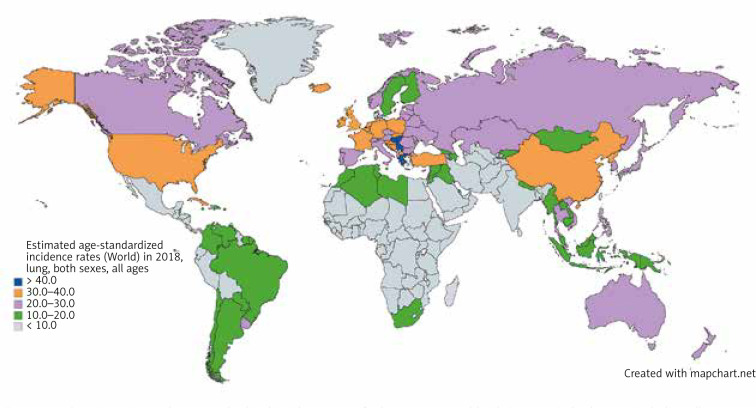 Map showing estimated age-standardized incidence rates for lung cancer worldwide in 2018, in both sexes including all ages. Created with mapchart.net. Data obtained from Globocan 2018 [5]