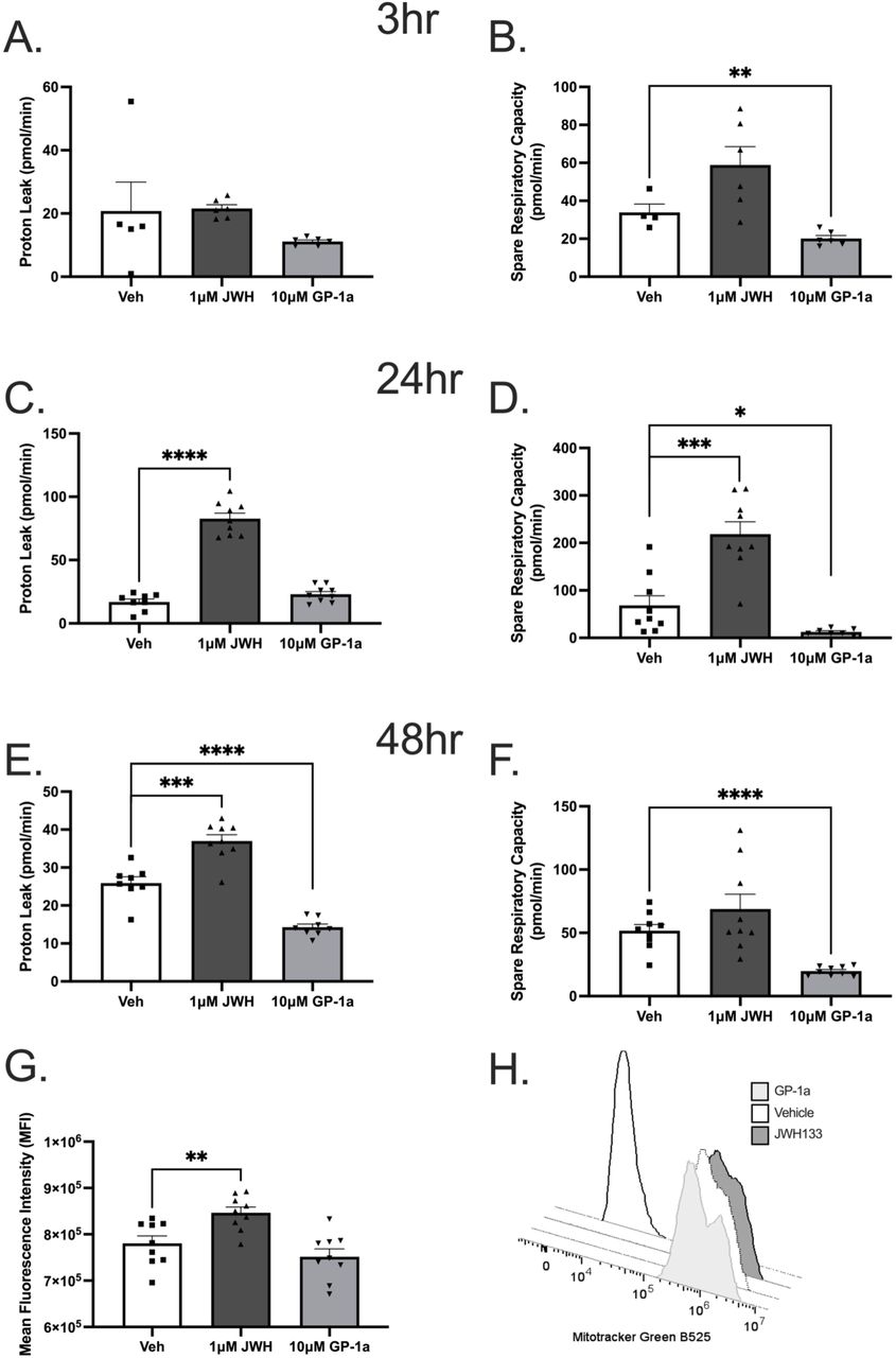 CB2R signalling regulates the distinct metabolic pathways utilised by T cells during glucose metabolism.Seahorse XF Analyser T cell metabolism assay assessing rates of glycolysis and OxPhos in Jurkat T cells following cannabinoid treatment for (A) 3 h (N = 3, n = 3), (B) 6 h (N = 3, n = 3, and (C) 48 h (N = 3, n = 3). Bar chart dots are representative of technical replicates. Statistical analysis performed using a two-tailed student’s T test, with values of significance being indicated as * p<0.05, ** p<0.01, *** p<0.001.