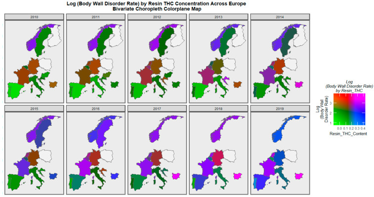 Bivariate colorplaner sequential map-graph of body wall anomalies by cannabis resin THC concentration across selected European nations for each year of 2010–2019. For explanation, please see text.