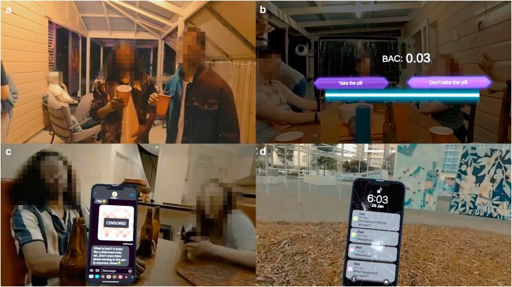 Representative screenshots of the VR environment. (a) Party scenario illustrating peer interaction and peer pressure cues. (b) Interactive decision point showing simulated blood alcohol concentration (BAC 0.03) feedback and branching choices. (c) In-game messaging simulating real-life digital communication. (d) Outcome screen depicting postevent consequences.