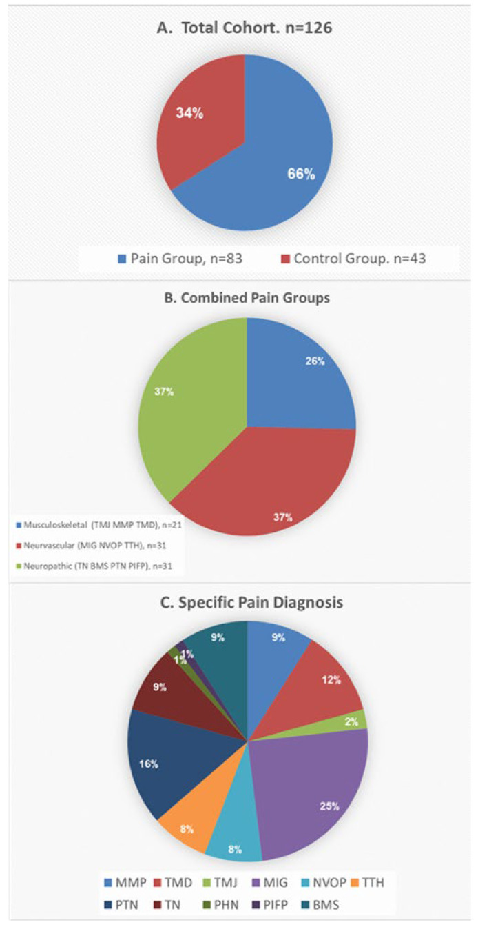 Cohort distribution according to diagnosis. Diagnoses are grouped according to etiology and characteristics, see Sharav and Benoliel [28]: MMP—Masticatory Myofascial Pain, TMD—Temporomandibular disorder, TMJ—Solely Temporomandibular joint origin, Mig—Migraine, NVOP—Neurovascular orofacial pain (orofacial migraine), TTH—Tension Type Headache (primary headache), PTN—Post Traumatic Neuropathy, TN—Trigeminal neuralgia, PHN—Post Herpetic Neuralgia, PIFP—Persistent idiopathic facial pain, BMS—Burning Mouth Syndrome.