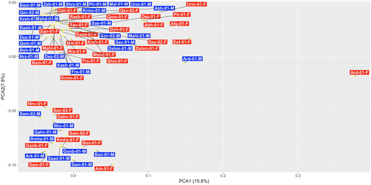 Individual-based principal components analysis for 35 Iranian regions and Afghanistan using 29,647 SNPs. Male plants are colored blue and female plants are colored red.