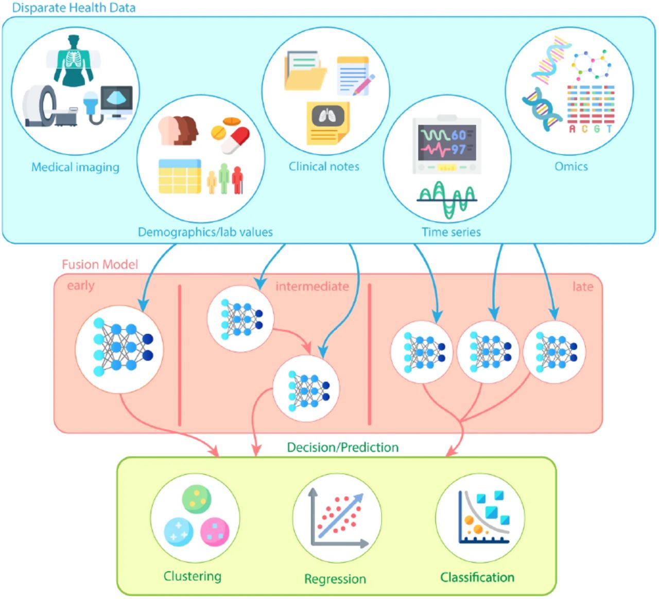 Illustration of how Early Fusion, Hybrid Fusion, and Late Fusion integrate diverse health data modalities - Medical Imaging, Clinical Notes, Demographics/Lab Values, Time Series, and Omics. Fusion strategies are applied at different stages: early input concatenation, intermediate feature-level integration, or late decision aggregation, supporting clustering, regression, and classification predictions [128]. This image is licensed under CC BY 4.0.