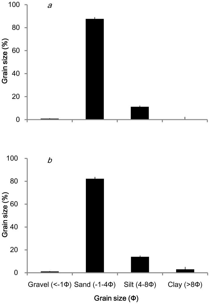 Particle size spectra of sediments in natural (a; Huiquan Bay) and transplanted Zostera marina areas (b; Qingdao Bay).Values are means ± SD.