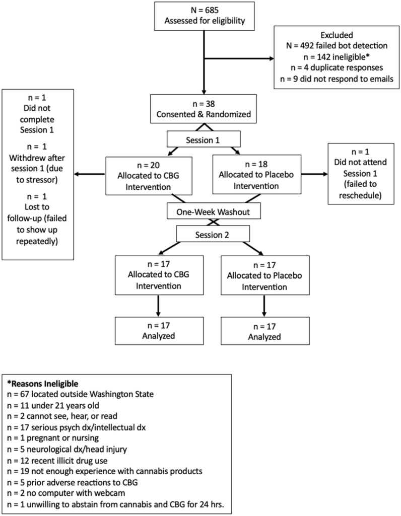 Consort flow diagram. Consort flow diagram showing the total number of people assessed for eligibility, randomized, tested, and analyzed with reasons for exclusions.
