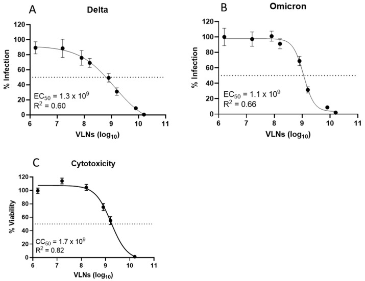 Inhibition assay (EC50) of Shiitake VLNs against different pseudotyped SARS-CoV-2 variants: (A) Delta variant (B.1.617.2). (B) Omicron variant (BA.1). (C) Cytotoxicity assay (CC50) of Shiitake VLNs.
