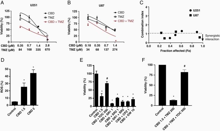 CBD enhances the inhibitory effects of TMZ on GBM cell growth through upregulation of ROS. (A) U251 and (B) U87 cells were treated for 3 days with vehicle, CBD, TMZ, or CBD + TMZ at specific combined dose ratios and cell viability (%) was calculated as absorbance in the treated cells/control cells × 100. (C) These data were used to calculate combination index (CI) values as described previously by our group17,31 using Compusyn software. A CI value of <1, 1, and >1 indicates synergism (downward arrow), additivity (hashed line), and antagonism, respectively.30 (D) U251 cells were treated for 2 days with vehicle or CBD (µM) and production of ROS was measured using 2′-7′dichloro-dihydrofluorescein. (E) U251 cells were treated for 2 days with 1.5 µM CBD (CBD) in the presence or absence of 200 µM µ-tocopherol (TOC), 1 µM CB1 receptor antagonist (SR141716A—SR1), 1 µM CB2 receptor antagonist (SR144528—SR2), 1 µM vanilloid receptor antagonist (capsazepine—CPZ), or 10 µM PPRg antagonist (GW 9662—GW). (E) U251 cells were treated for 3 days with 1.5 µM CBD (CBD) + 200 µM TMZ in the presence or absence of 500 µM TOC. Data are the mean of 3 independent experiments; bars ± SE. * ,#Statistically significant difference between control and CBD, respectively (P < .05).