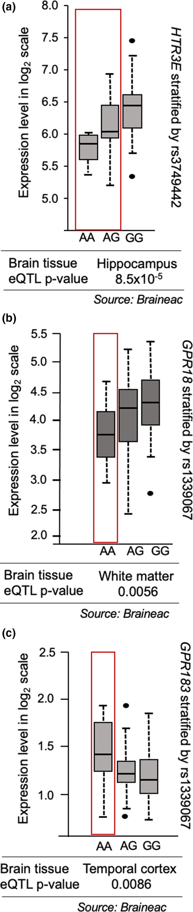 Expression of genes encoding potential CBD targets stratified by response‐associated variants. (a) HTR3E expression stratified by rs3749442. (b) GPR18 expression stratified by rs1339067. (c) GPR183 expression stratified by rs1339067. CBD, cannabidiol; eQTL, expression quantitative trait loci. [Colour figure can be viewed at wileyonlinelibrary.com]