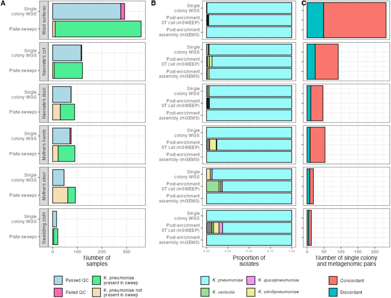A) A bar chart showing the number of single colony WGS and post-enrichment metagenomic samples analysed during the study, separated by sample type. For the single colony WGS isolates the colours of the bars represents whether they passed QC or not. For the post-enrichment metagenomic samples the colours of the bars represents whether K. pneumoniae was identified in the sample using mSWEEP. B) A bar chart representing the proportion of the different K. pneumoniae subspecies that were identified using single colony WGS and in the post-enrichment metagenomic samples. K. pneumoniae represents K. pneumoniae subsp. pneumoniae, K. variicola represents K. variicola subsp. variicola, K. quasipneumoniae represents K. quasipneumoniae subsp. quasipneumoniae and K. similipneumoniae represents K. quasipneumoniae subsp. similipneumoniae. C) A bar chart showing the number of single colony/post-enrichment metagenomic pairs for each sample type with the colours of the bars representing whether these pairs were concordant (the same ST was identified in both modalities) or discordant (there was no overlap between the STs identified using both modalities).