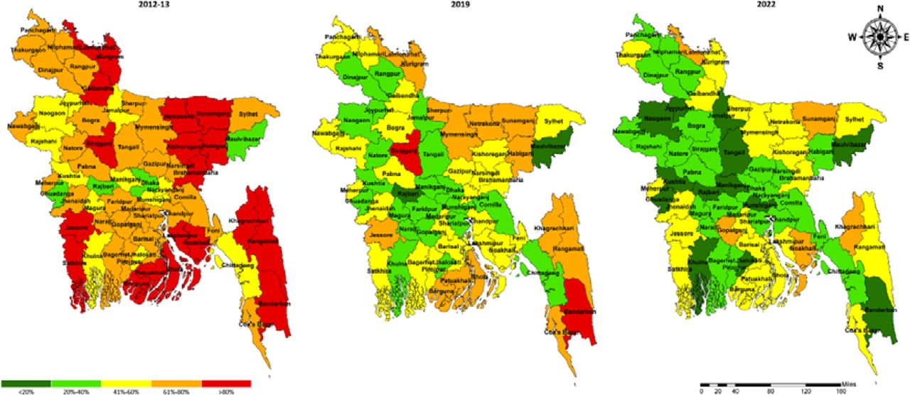 Distribution of maternal delivery at home at the subnational level in Bangladesh, 2012--2022