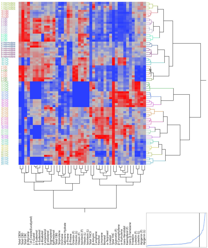 Dendrogram by hierarchical clustering analysis using the full spectrum of secondary metabolites (in ratios) of 82 plants representing 21 strains.