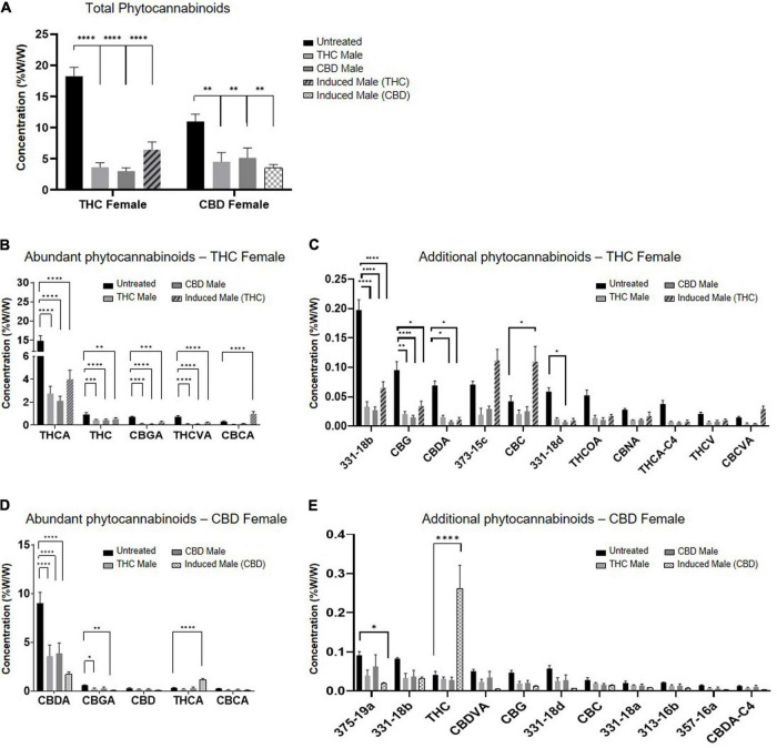 Phytocannabinoids quantity predominantly decreases after fertilization with all types of males. (A) Total phytocannabinoid concentrations and (B–E) Individual phytocannabinoid concentrations after fertilization relative to unfertilized control. Abundant phytocannabinoid concentrations were considered > 0.2% (B,D) and additional phytocannabinoid concentrations were 0.001–0.2% (C,E) in the unfertilized plants. Data are presented as mean ± SEM (n = 4–6, %w/w) and statistically analyzed by two-way ANOVA followed by Dunnett’s multiple comparison test (*p ≤ 0.05; **p ≤ 0.01; ***p ≤ 0.001; ****p ≤ 0.0001). Significance in C, E was calculated after excluding THCA and CBDA, respectively, from the data.