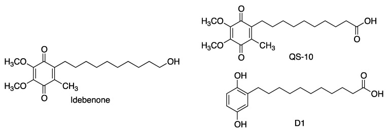 Structures of idebenone, its active metabolite, QS-10 and the related hydroquinone D1.