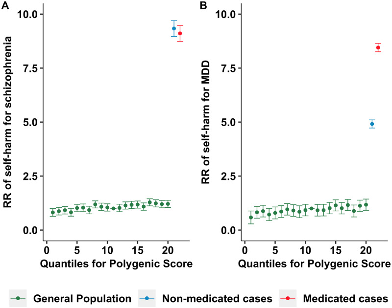 Risk ratios of self-harm in the general population and in non-medicated and medicated MDD and schizophrenia cases.Risk ratios of self-harm in the general population, non-medicated cases, and medicated cases were compared to those with median polygenic score (11th quantile) for schizophrenia (A) and MDD (B). Out of 177 schizophrenia cases in the final analytical sample, 89 (50.3%) of them were medicated. Out of 34,680 MDD cases in the final analytical sample, 7,852 (22.6%) of them were medicated. MDD, major depressive disorder; RR, risk ratio.