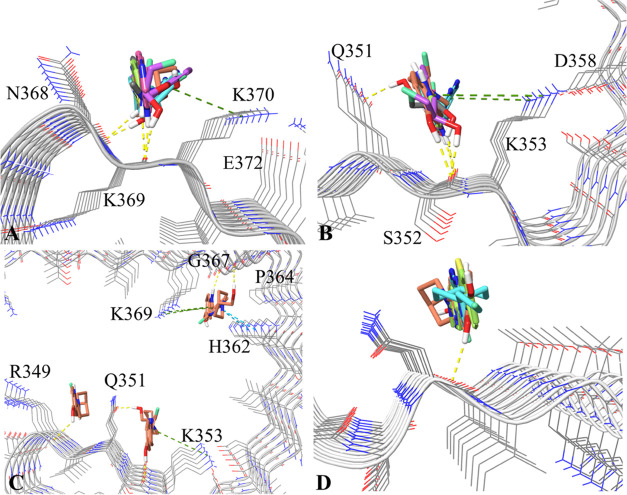 (A) Superimposed binding modes of PI2620, GTP1, CBD2115, PBB3, PMPBB3, and THK5351 at the S6 site of PSP tau. (B) Superimposed binding modes of PI2620, GTP1, CBD2115, PBB3, PMPBB3, and THK5351 at the V2 site of AD tau. (C) Superimposed binding modes of CBD2115 at the V1, V2, and V4 sites of AD tau. (D). Superimposed binding modes of CBD2115, PBB3, and GTP1 on the s6 site of CBD tau. The hydrogen bonds, cation-π, and π–π interactions are depicted as yellow, green, and cyan dash lines, respectively.