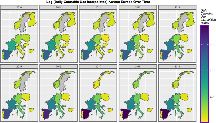 Sequential map-graphs of rates of daily cannabis use interpolated across selected European countries over time, 2010–2019