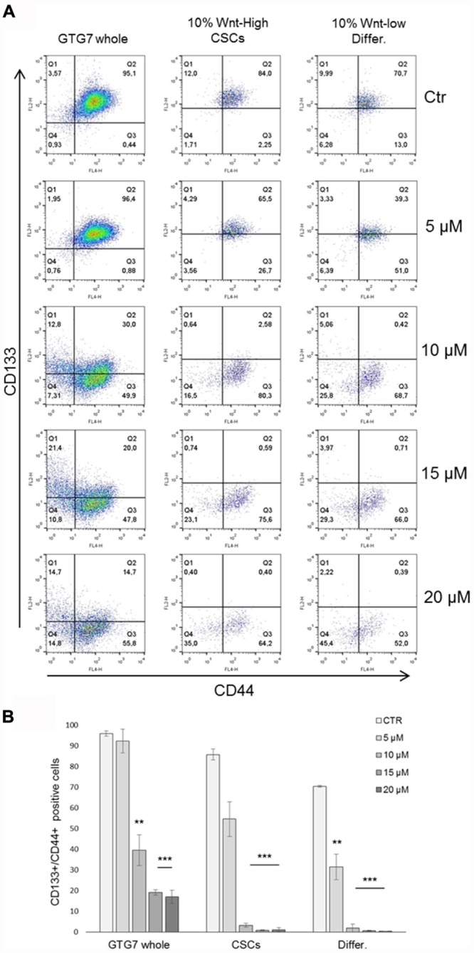 Representative FACS analysis of CD133-PE/CD44-APC double stained GTG7 treated with Rimonabant at indicated doses for 18 h. Analysis was performed on whole population (left panels) and gating on about 10% of Wnthigh cells and on about 10% Wntlow cells (middle and right panels, respectively). Panels in (A) are representative and in (B) data are expressed as mean ± SD of at least three independent experiments in duplicate (∗∗p < 0.01, ∗∗∗p < 0.005 vs. control).