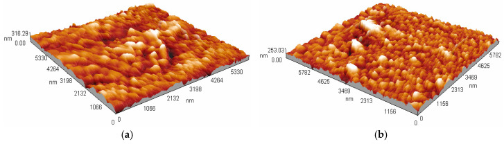 AFM images of Co2+ doped FeS2 thin films deposited at (a) 90 °C, and (b) 95 °C.