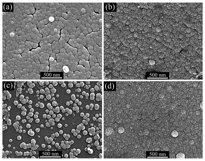 SEM images of ZnS films deposited under a relative humidity of (a) 60%, (b) 70%, (c) 80%, and (d) hermetic system. Reproduced with permission from Applied Surface Science 2014, 307, 724–730. Copyright © 2014, Elsevier [69].