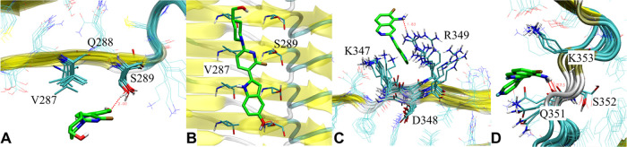 Examples of binding modes. (A) and (B) Representative snapshots of CBD2115 on the V287[Q288]S289 site of PSP protofibril from the front and bottom view, respectively. (C) Vertical binding mode of MK6240 on the S4 site of the PSP protofibril (front view). (D) Parallel binding mode of MK6240 in the V2 site of the AD protofibril.