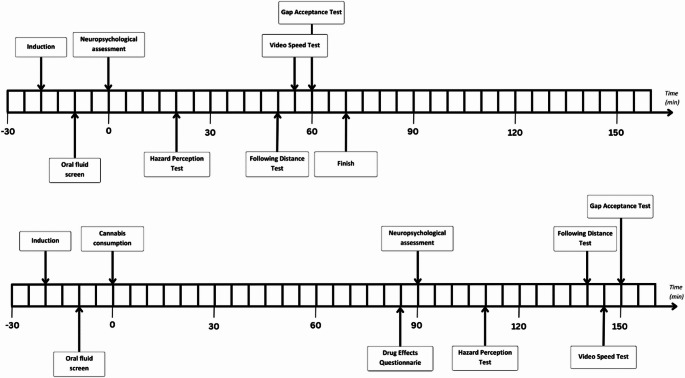 Timeline of baseline (top) and post-consumption (bottom) session procedures. Note each block represents a 5-minute segment of time.