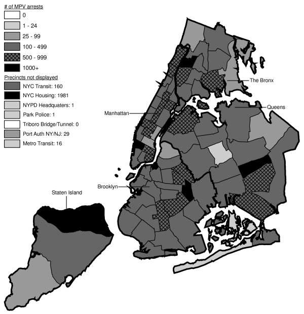 Marijuana in Public View Arrests by NYPD Precinct in 1998 (n = 32,937).