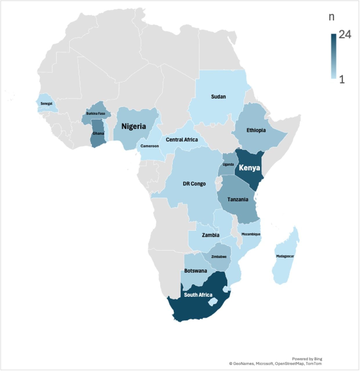 Map showing Number of Climate Change and Health Studies From Countries in sub-Saharan Africa Since 2001